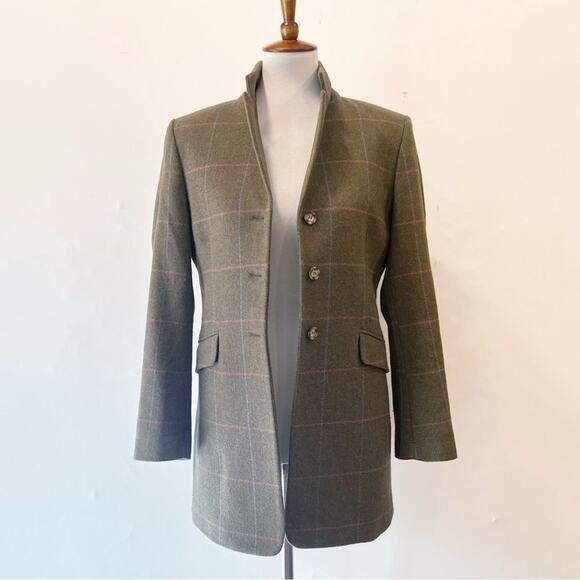 Marchbrae Cashmere Olive Green with Pink Blue Plaid Pinstripe Jacket Blazer Sz M - Picture 3 of 6